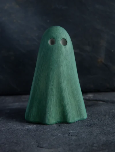 Ghost ornament is dressed in a warm, minty green, fresh and faded like something glimpsed at twilight. A matt varnish seals the surface